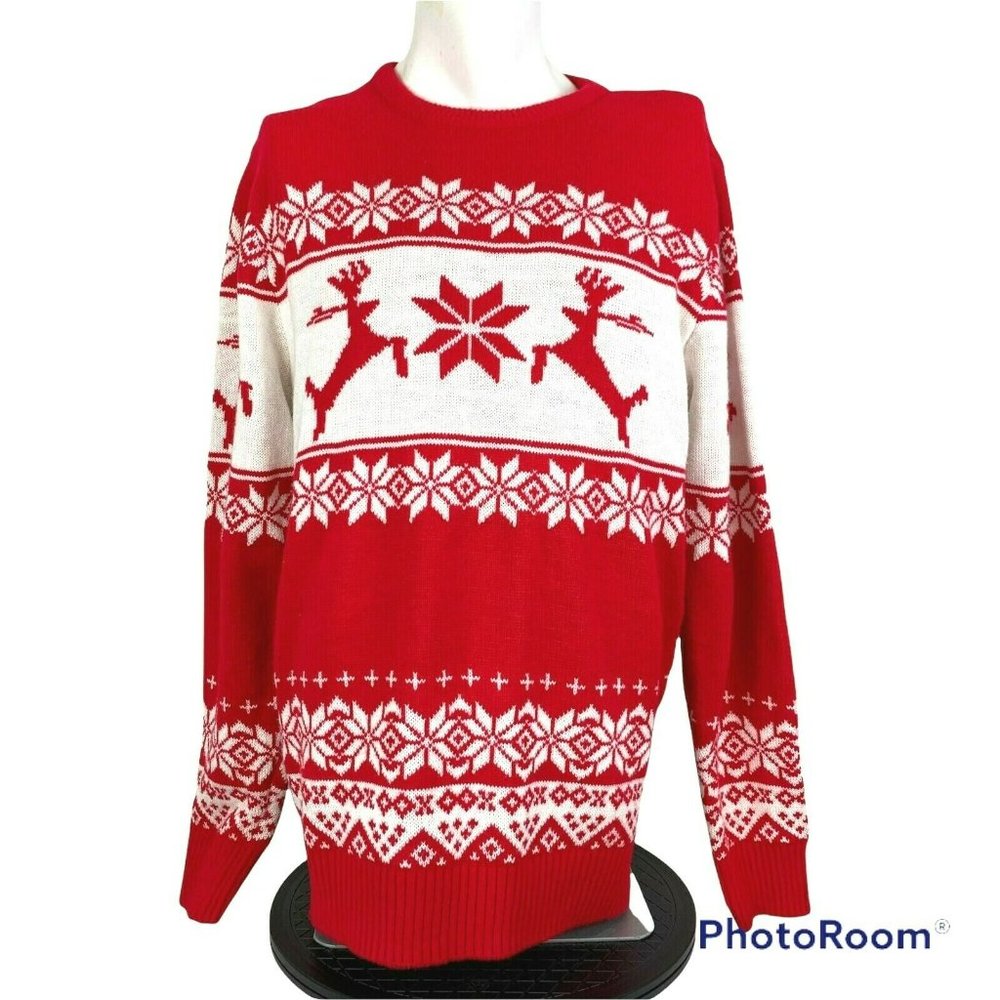 H2H Red White Acrylic Sweater Snowflakes Reindeer Skiing